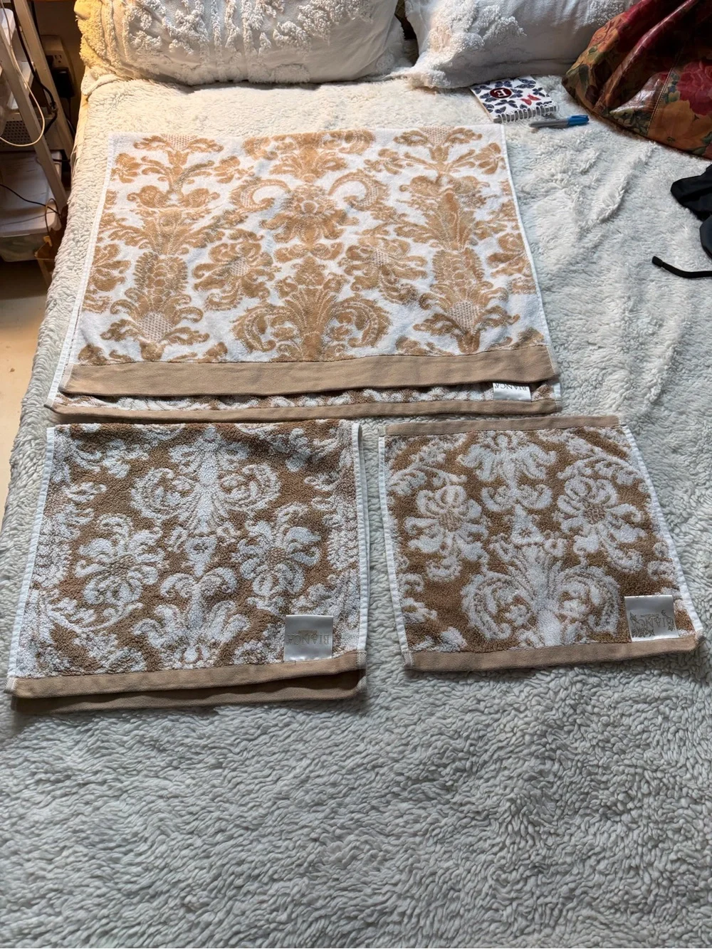 Bianca Exclusive 100% Cotton 3 piece Damask Pattern Towel Set in Beige and White